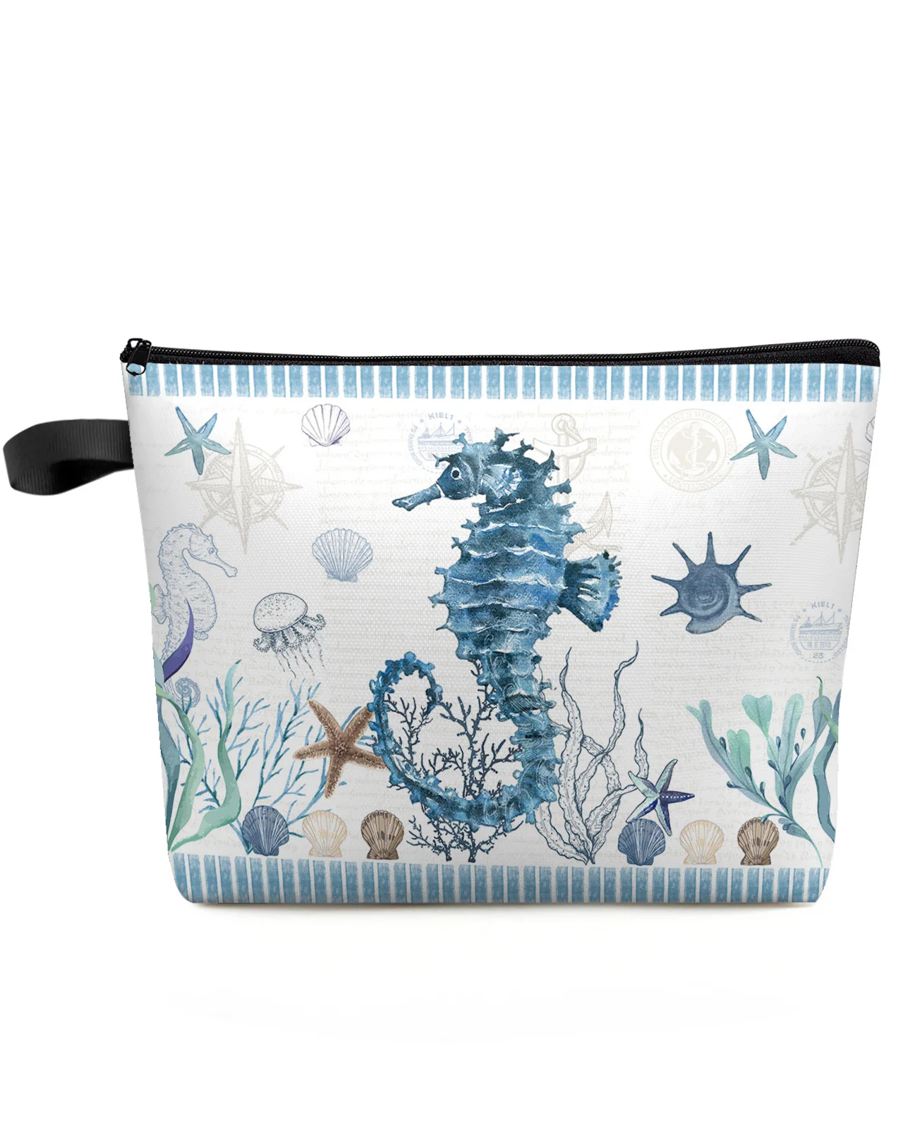 

Mediterranean Style Ocean Starfish Seahorse Stripes Makeup Bag Pouch Women Cosmetic Bags Organizer Storage Pencil Case
