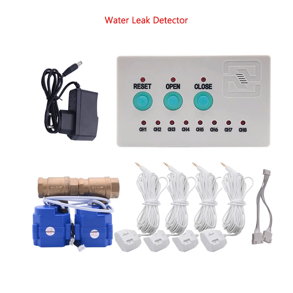 Flood Sensor Alarm System( 4pcs Cables ) Water Pipe Leakage Monitor with 2pcs DN25 Valves Against  Leaking for Overflow Detect