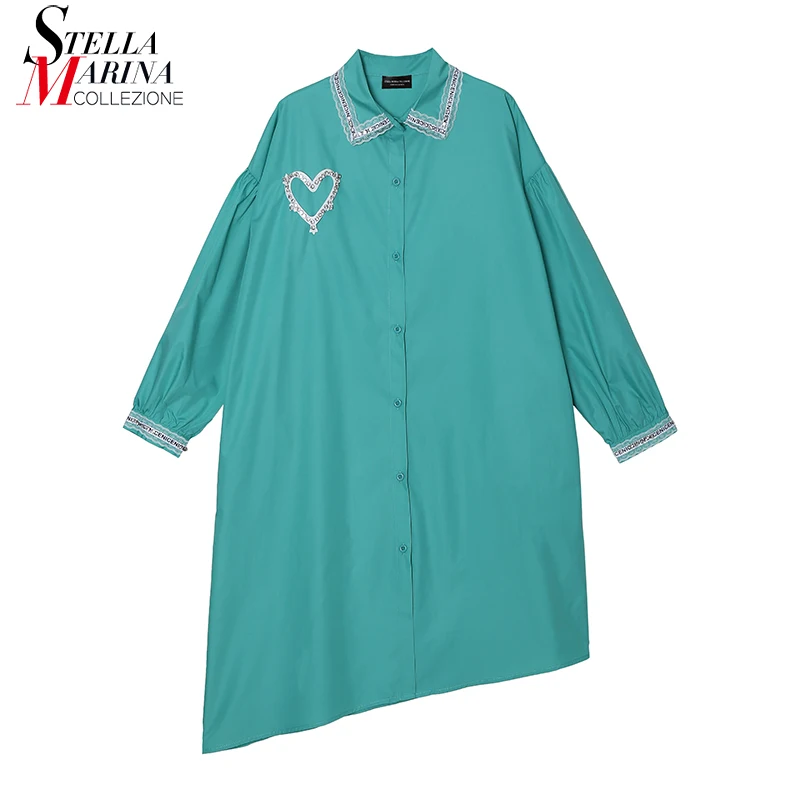 

Sloping Hem Big Size Solid Black Blue New Woman Casual Loose Shirt Dress Crystals Heart Unique Style Holiday Robe Femme MWW314