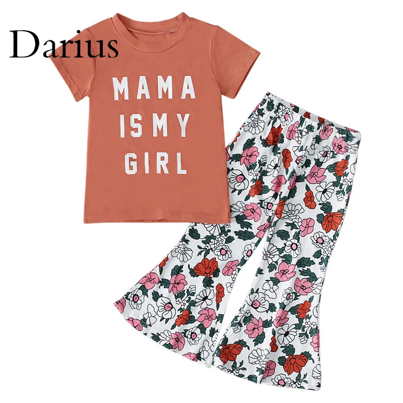 

Летний комплект для девочек, футболка с буквенным принтом + расклешенные штаны, костюмы для детей, детская одежда