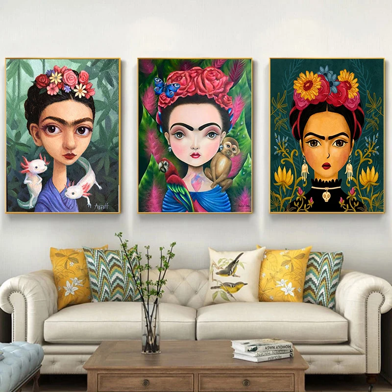 

Frida K Poster Girl Portrait Decorative Painting Cartoon Flower Face Wall Canvas Poster Moxico Painter Bedroom Home Decor