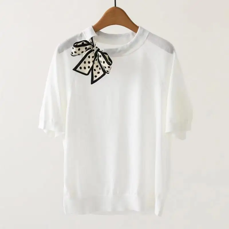 

Женские летние Вязаные Рубашки 2023, Женская Повседневная Свободная трикотажная одежда с принтом в горошек и бантом, женские модные пуловеры, женские топы