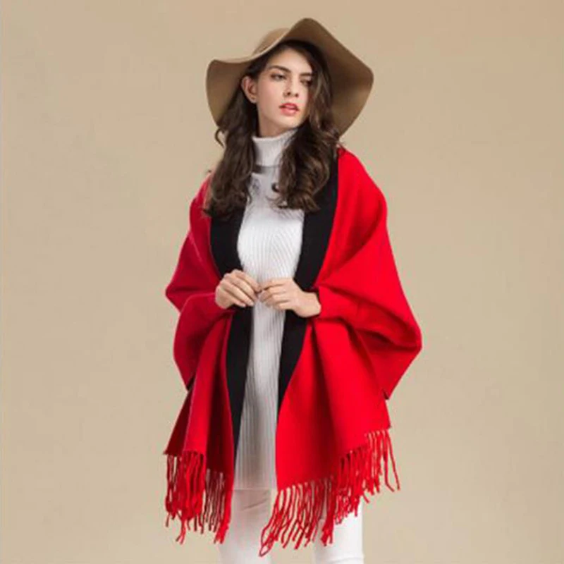 

Women Winter Poncho With Sleeve Shawls And Wraps Pashmina Red Thicken Scarf Stoles Femme Hiver Warm Reversible Ponchos And Capes