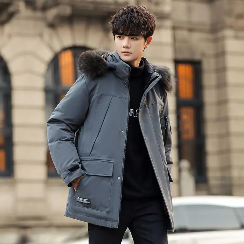 

Новинка Зима 2022, мужской пуховик, молодежное теплое пальто, модные 90 белых пуховиков, пальто средней длины с капюшоном