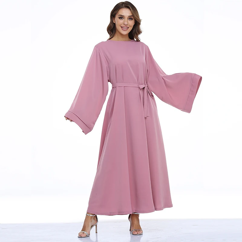 Maxi Dress Long Sleeves For Muslim Woman Summer With Belt O Neck Arabic Middle East Plus Size Eid Modest Islamic Dresses Ladies