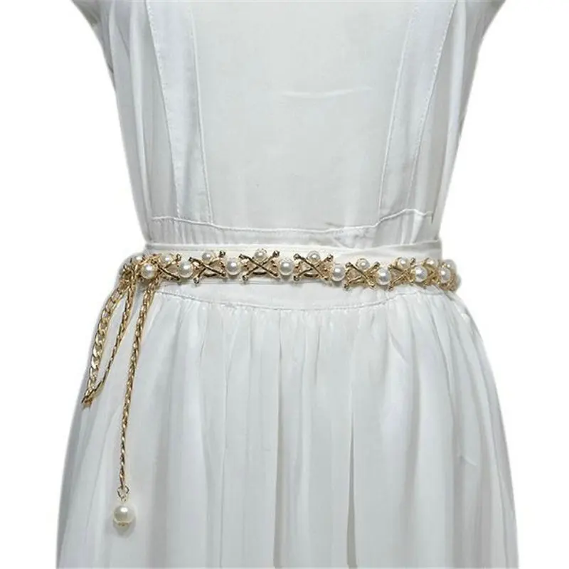 Elegant Pearl Women's Belt Simple Adjustable Metal Thin Chain Belt For Ladies Dress Skinny Waistband Decorative Jewelry
