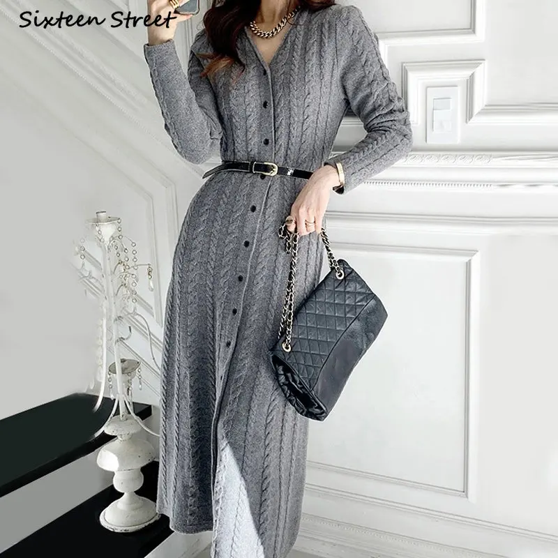 

Женское трикотажное платье с V-образным вырезом, однобортное плотное шерстяное однобортное платье, одежда для осени и зимы, 2023