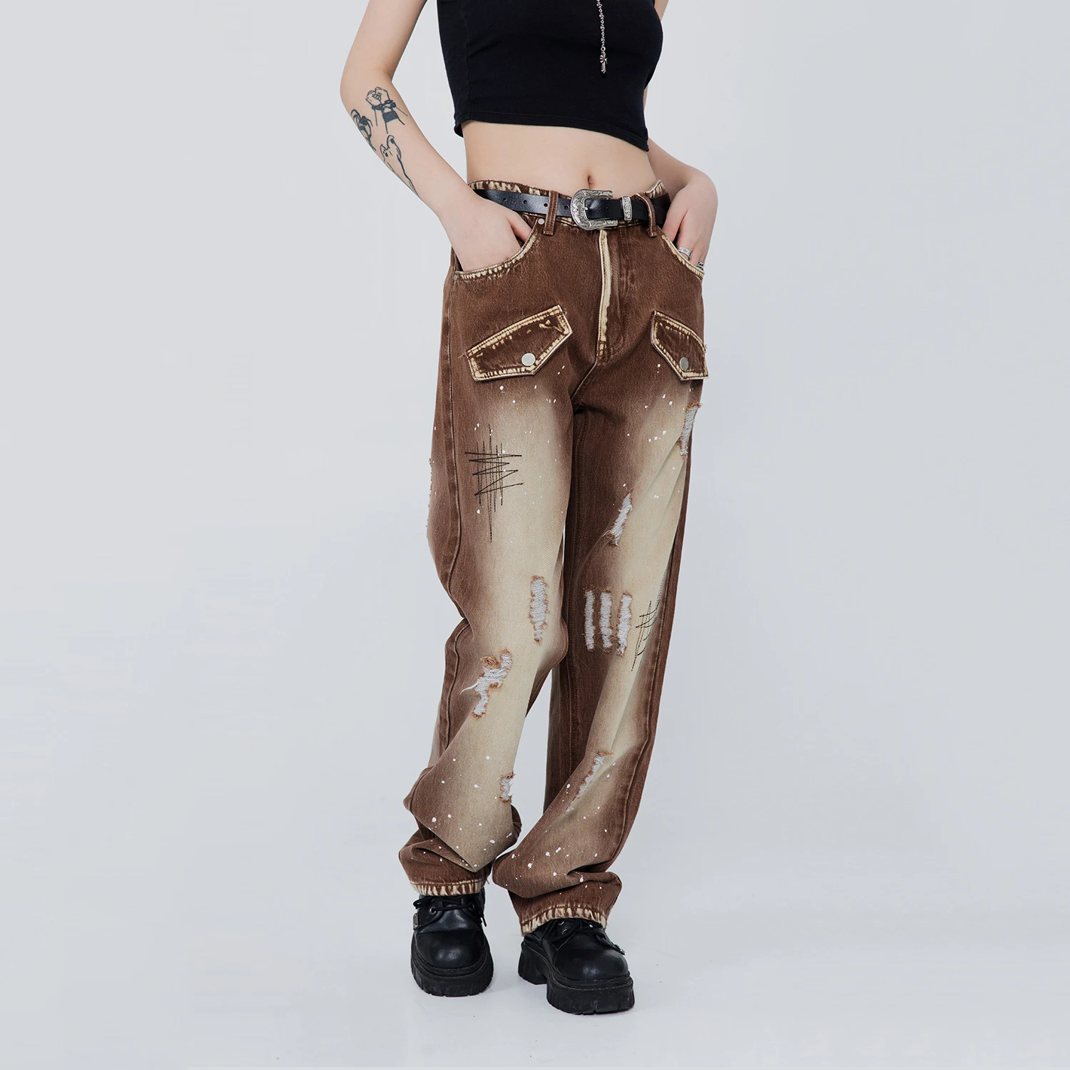 

Four Seasons Men's Jeans Fashion Patchwork Workwear Flared Pants Khaki Black Splatter Workwear Wide Leg Pants Graffiti Overalls