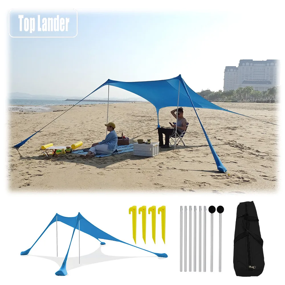 2.1*2.1m Family Beach Sunshade Large Area Sun Shade Tent with Sandbag Pole UPF 50+ UV Portable Beach Shelter Canopy Awning