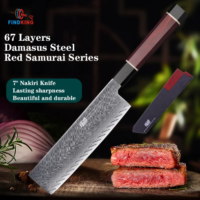FINDKING Knife New Red Samurai Series Rosewood Handle AUS-10 67 Layers Damascus Steel 6.5 inch Kitchen Nakiri Santoku Chef Knife