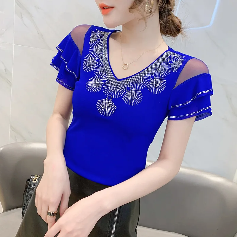

2022 Summer New Sexy V-neck Hot-drilled Mesh Short-sleeved T-shirt Women's Design Off-the-shoulder Fashion Top Trend