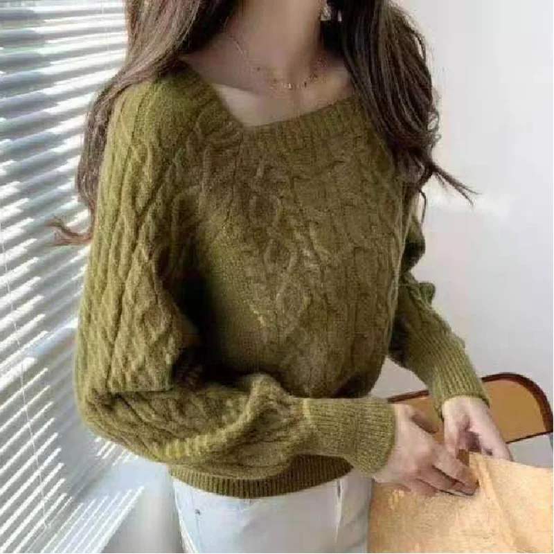 

Square Neck Sweater Women Retro Thicken Twists Sweater Autumn and Winter Korean Loose Waist Knit Bottoming Pullovers New 28393