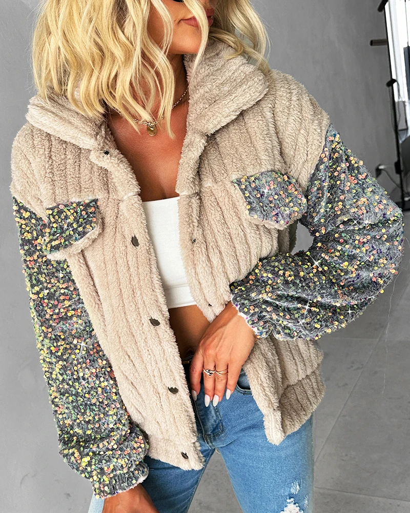 

Women Turn-down Collar Sequin Patch Teddy Jacket Femme Casual Long Sleeve Turn-down Collar Coat Streetwear Lady Outfits Traf