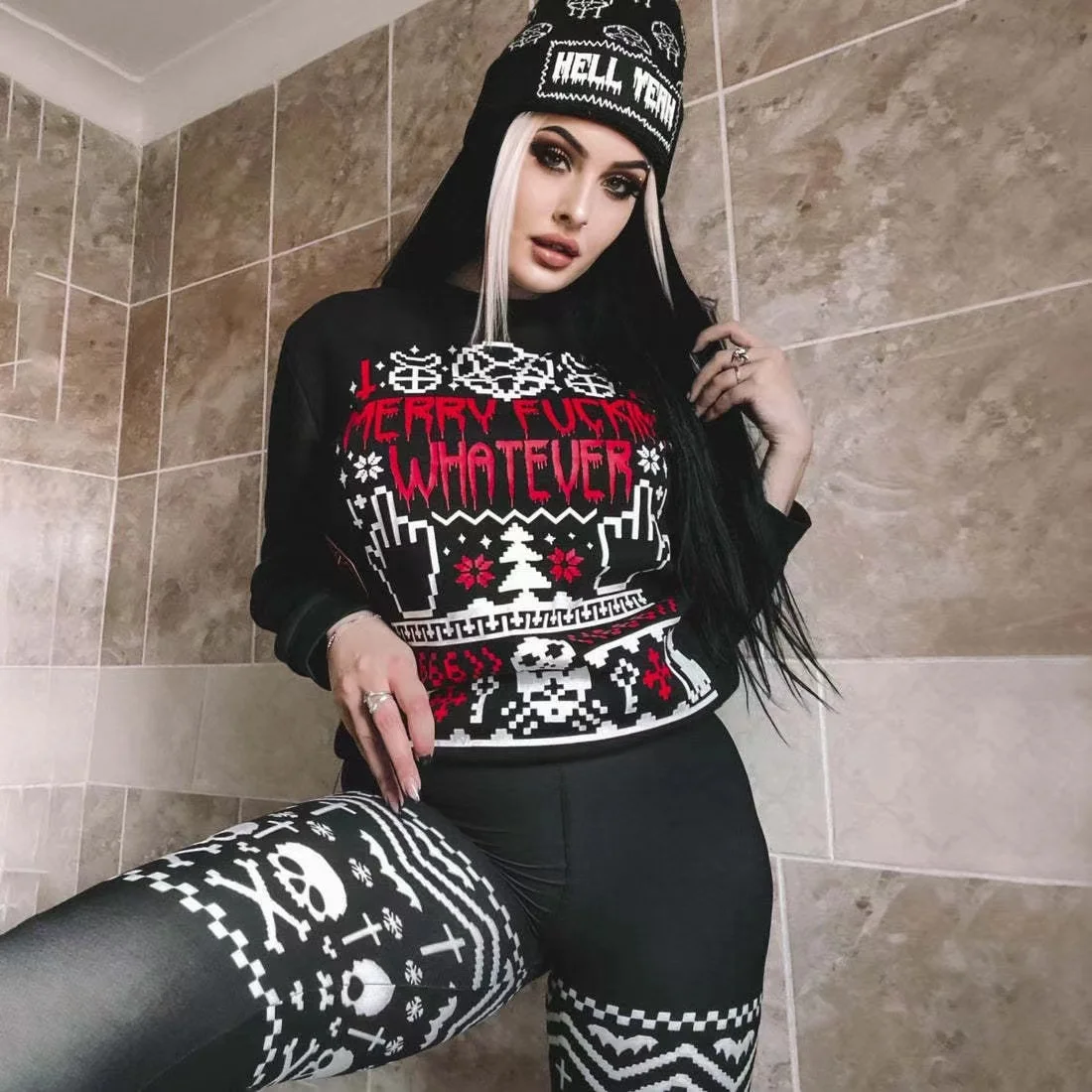 

Winter New Punk Style Gothic Letter Print Y2K Women's Round Neck Sweatshirt Christmas Party Loose Sweathsirt Plus Size