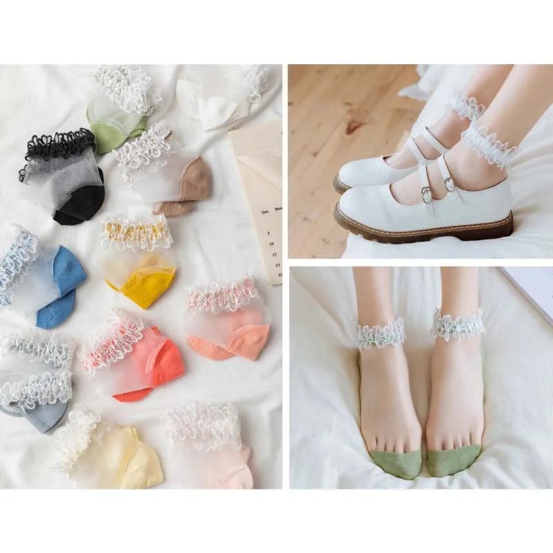 5pairs Women's Ultra-thin Stockingss Transparent Glass Silk Harajuku Stockings Elastic Short Socks New