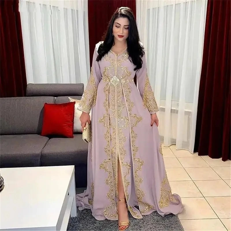 

Lilac Moroccan Caftan Formal Evening Dresses A-line Long Sleeves Appliques Prom Dresses Arabic Party Dresses