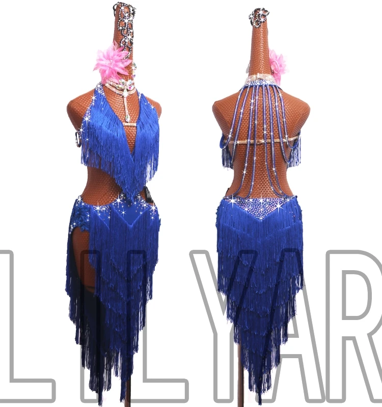 Платье для латиноамериканских танцев ярко-синее платье с цепочкой облегающая