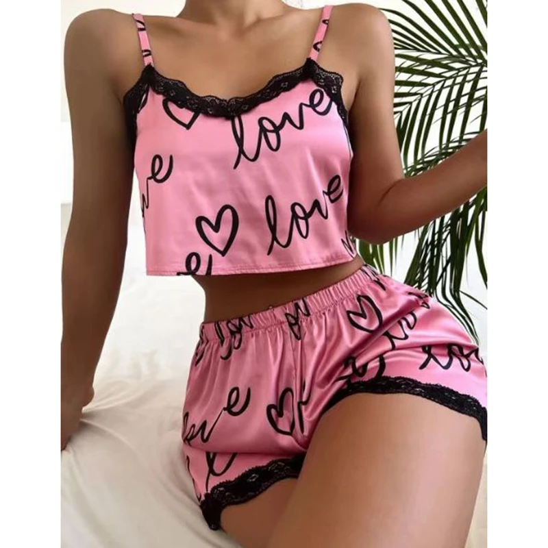 

Women's Pajama Shorts Suit Two Pieces Set Sexy Lingerie Camisoles Tanks Nighty Ladies Loungewear Homewear Print Underwear Pijama