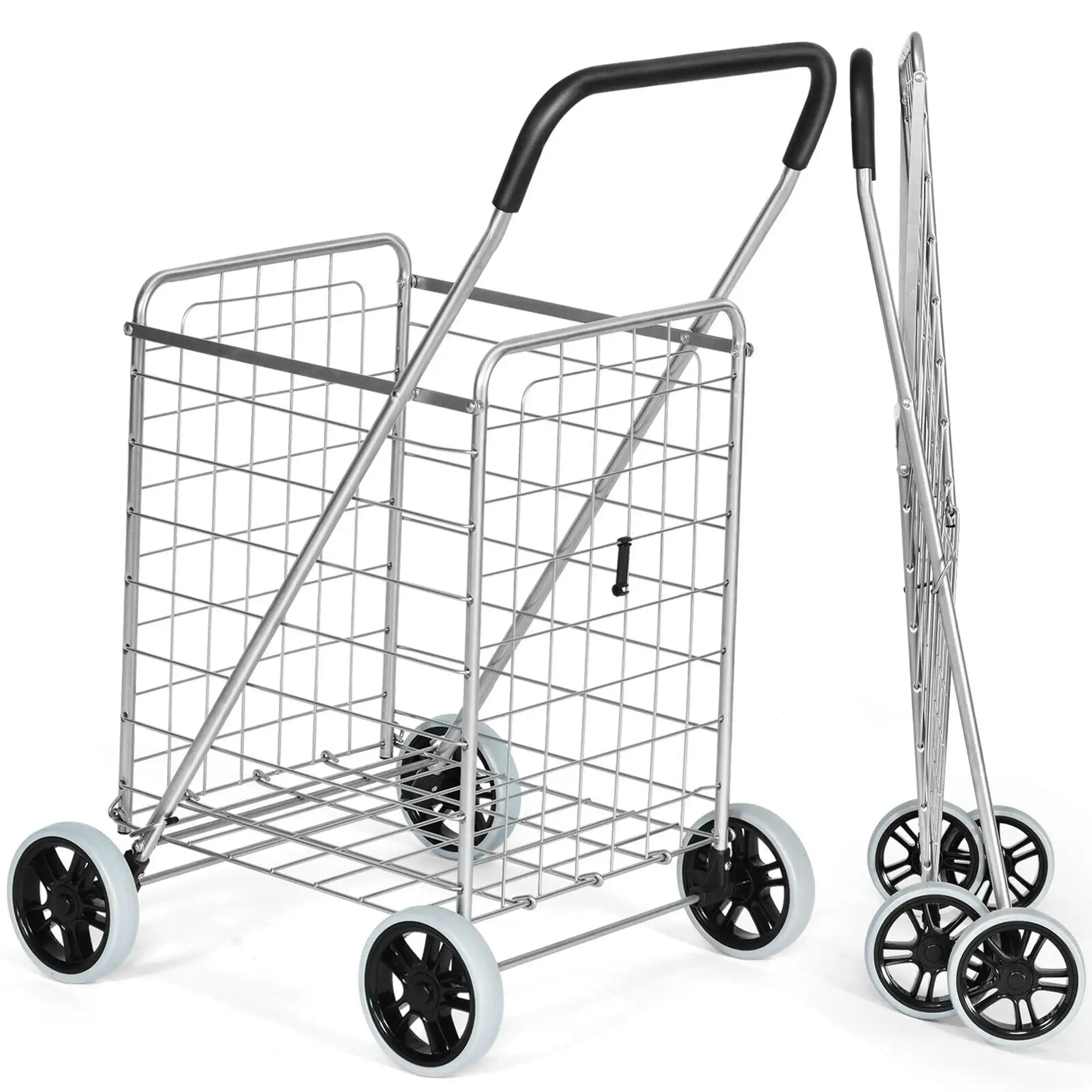 

Grocery Laundry Travel Folding Shopping Cart Utility Trolley Portable Silver