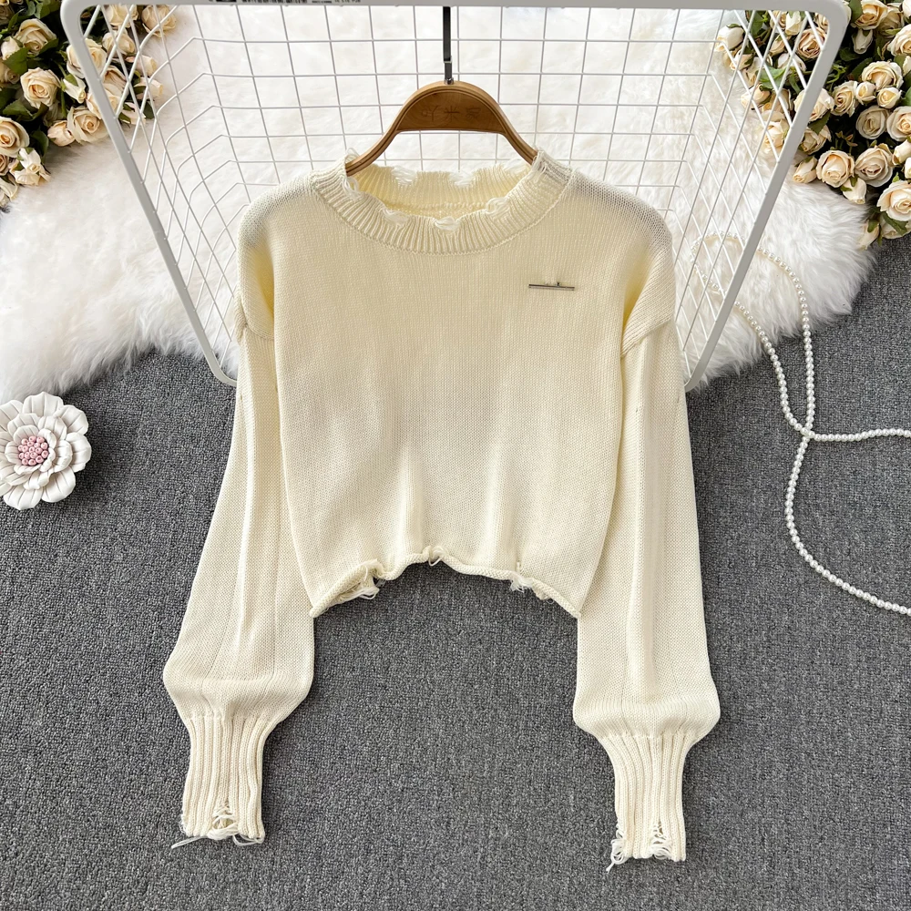 

Autumn and Winter Round Neck Hole Short Hair Edge Long Sleeve Loose Short Belly Button Sweater Jacket