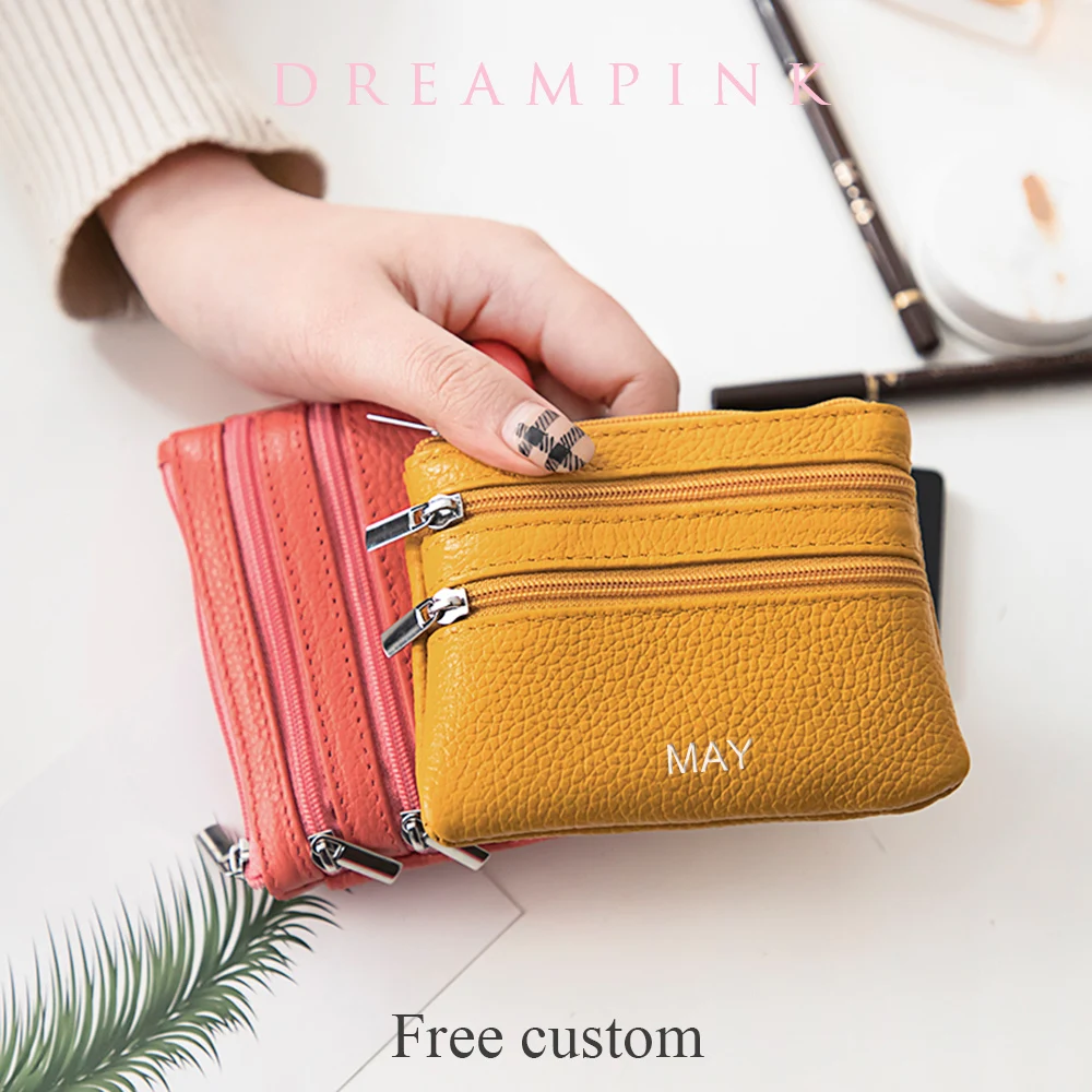 

Custom Letters Women Coin Purse Genuine Leather Zipper Keychain Wallet Children Engrave DIY Name Small Card Case Cash Pouch Bag