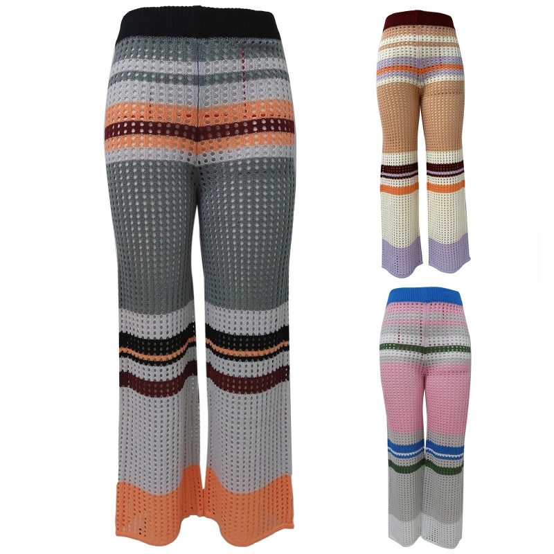 

Пляжные брюки для отпуска, повседневные брюки со средней талией, полосатые трикотажные длинные брюки