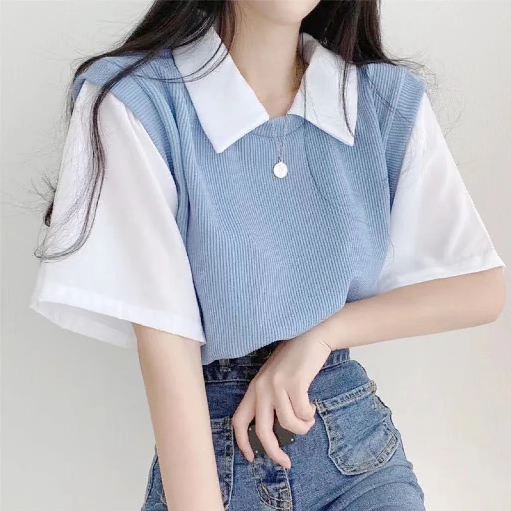 

College Style Top women 2023 Summer Contrast POLO Collar Fake Two-piece Short-sleeved T-shirt Female Loose Casual Versatile Top