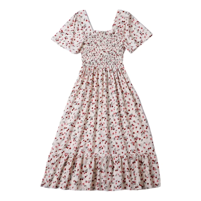 

Women Summer Flare Short Sleeve Square Neck Smocked Shirred Midi Long Swing Dress French Retro Floral Print A-Line Dresses