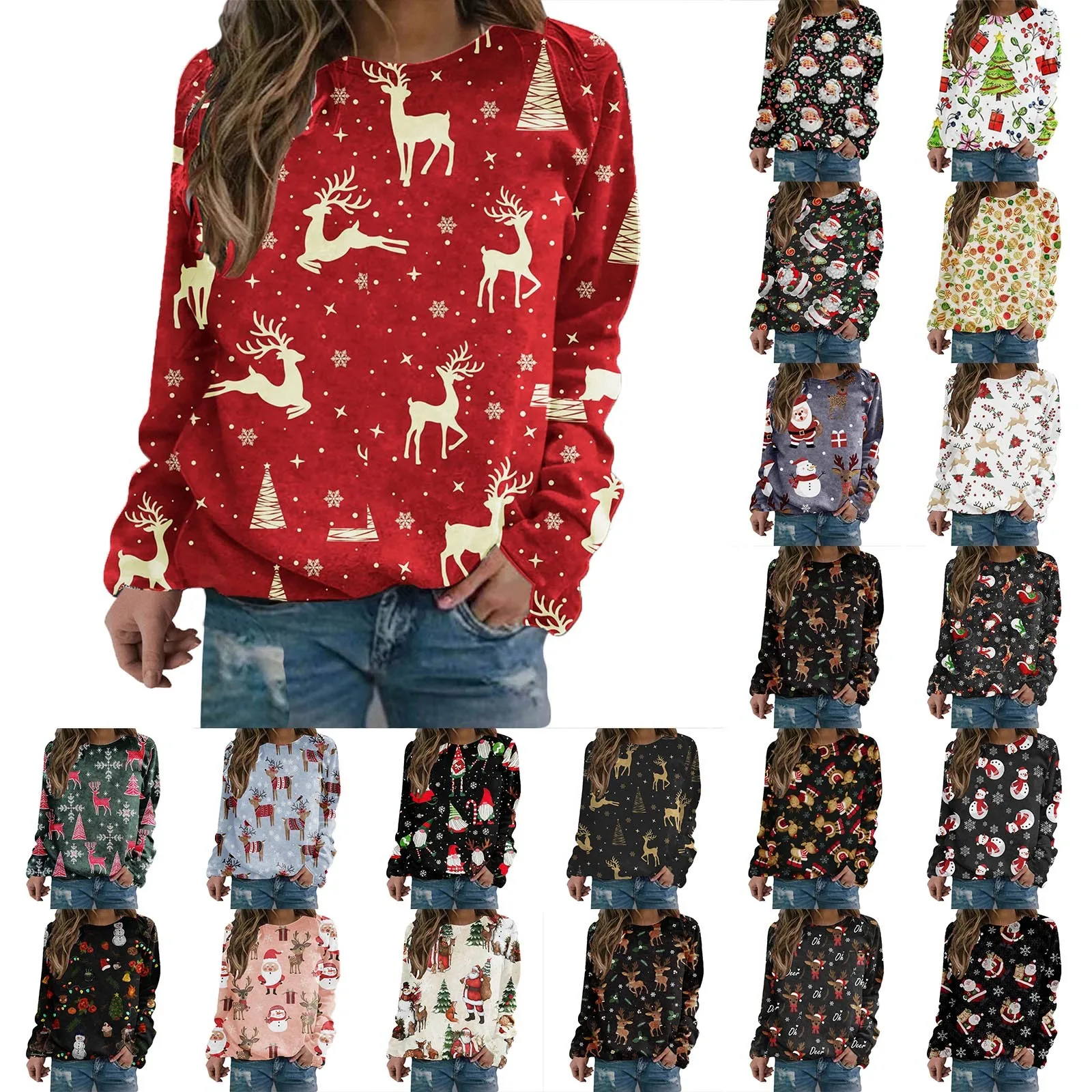 

Women Christmas Fawn Snowflake Print Autumn And Winter Loose Casual Casual Long Sleeve Round Neck Half Sleeve Sweater Women