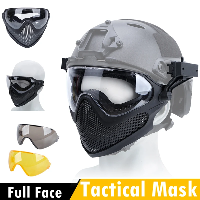 

Airsoft Protective Mask Breathable Low Carbon Steel Mesh Shooting Paintball CS Masks Hunting Tactical Full Face Mask with 3 Lens