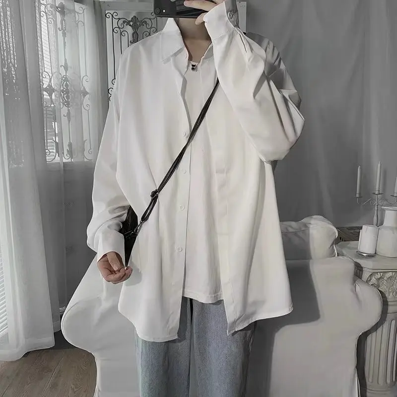 

Korean Long Sleeve Solid White Casual Men's Shirt Male Tops Loose Oversized Shirts Male Clothing