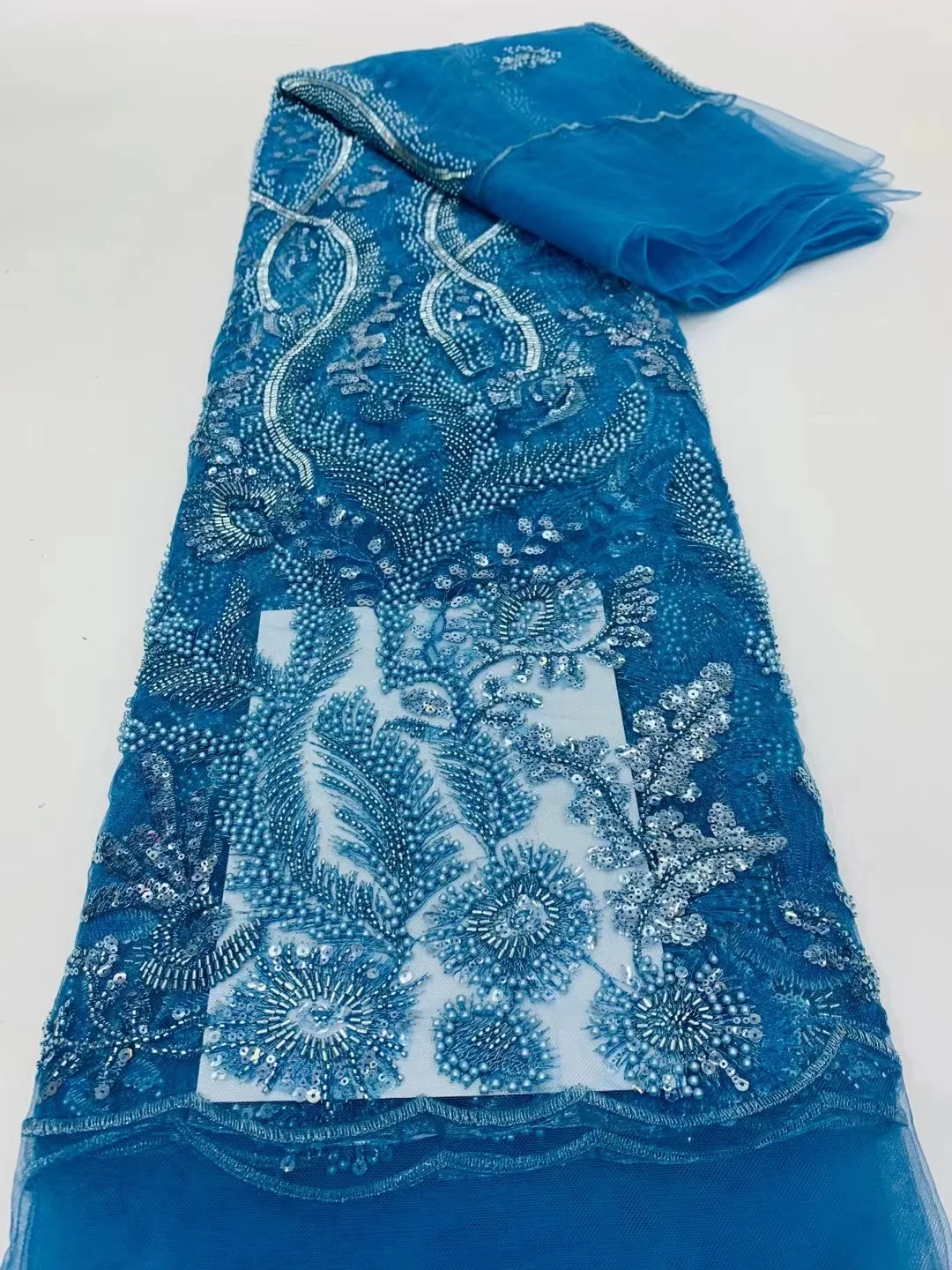 

Кружевная ткань ручной работы с небесно-голубыми блестками, Нигерия 2022, высококачественное роскошное Тюлевое кружево с бусинами для францу...