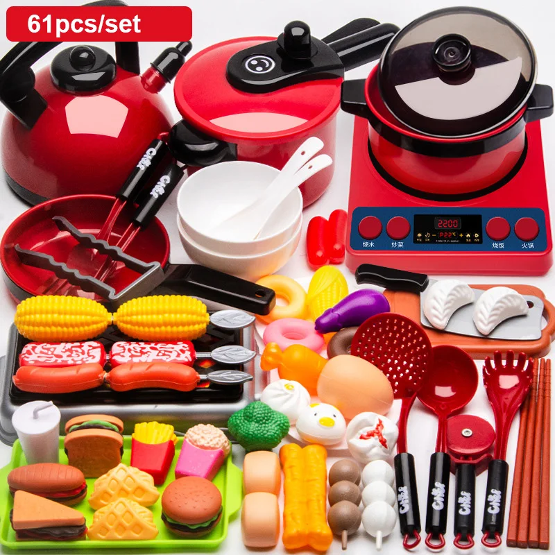 Children Kitchen Cookware Pretend Play Set Fruit Food Toys Simulation Kitchen Pot Pan Kids Kitchen Toys For Girls Doll Food Red