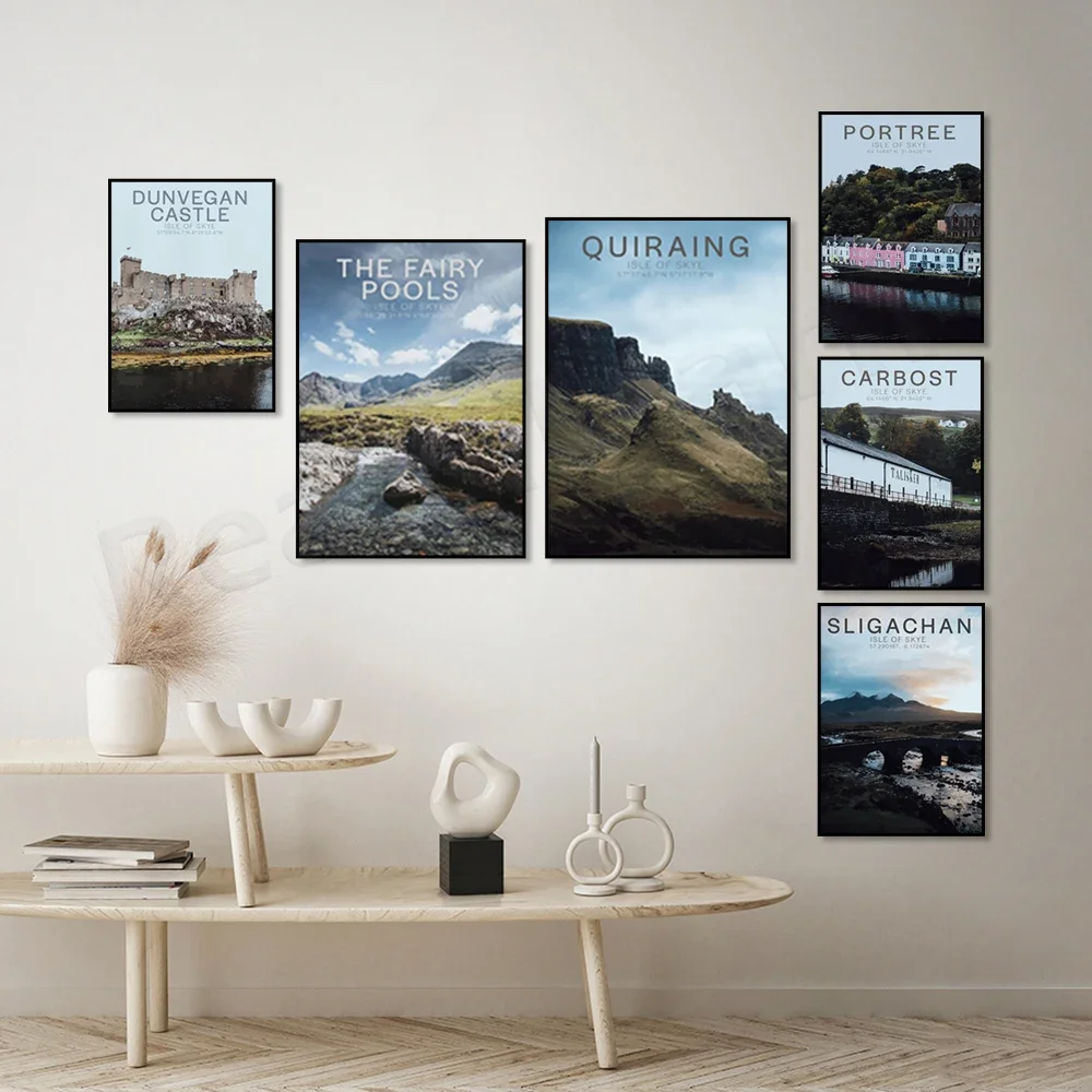 Carbost Talisker Castle Dunvegan Fairy Pool Black Carlins Isle of Skye Scottish Highlands принт дорожного плаката Scotland