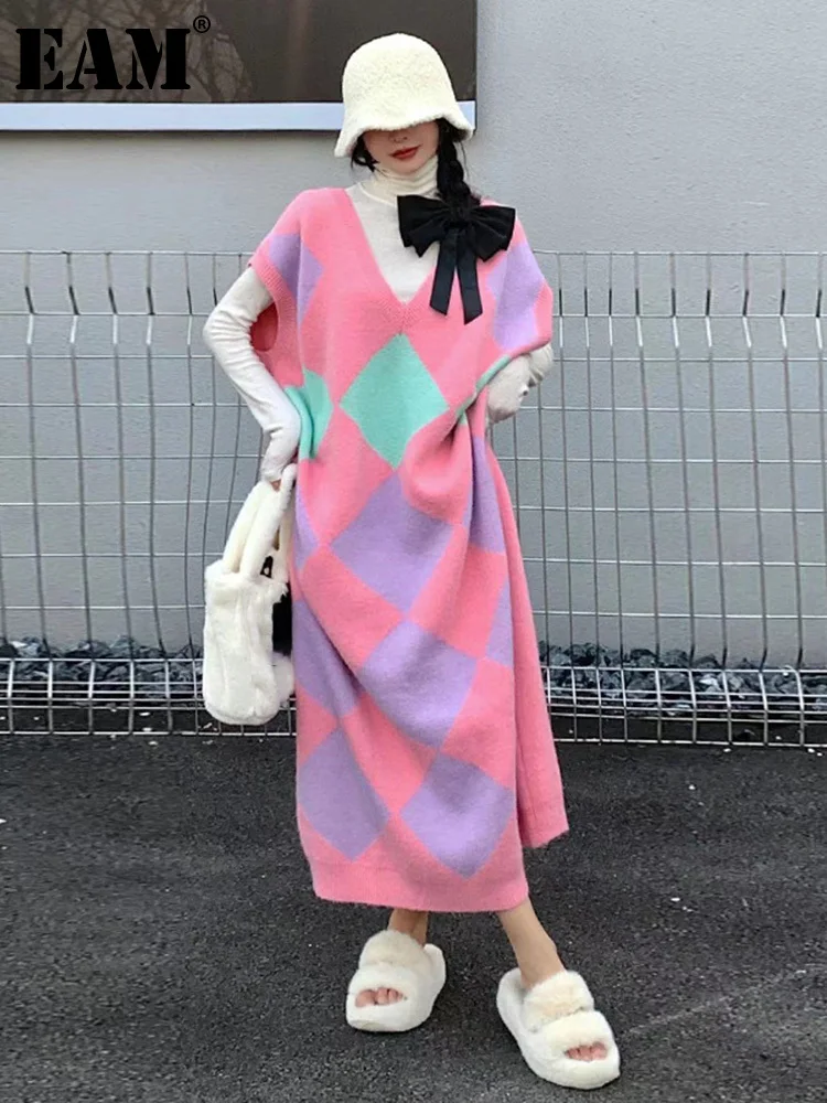 

[EAM] Women Gray Pattern Knitting Big Size Casual Dress New V- Neck Sleeveless Loose Fit Fashion Tide Spring Autumn 2023 1DF3787