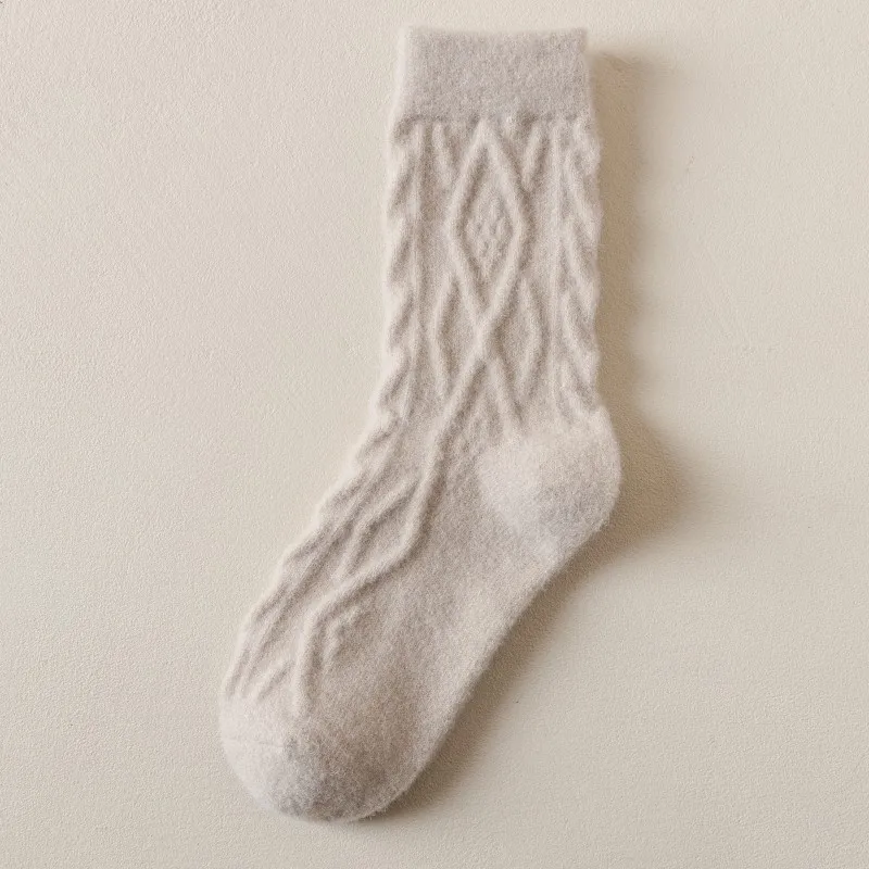 New Simple Winter Warm Wool Socks Set Solid Color Middle Tube Fluffy Socks Fashion Thickened White Thermal Socks Woman