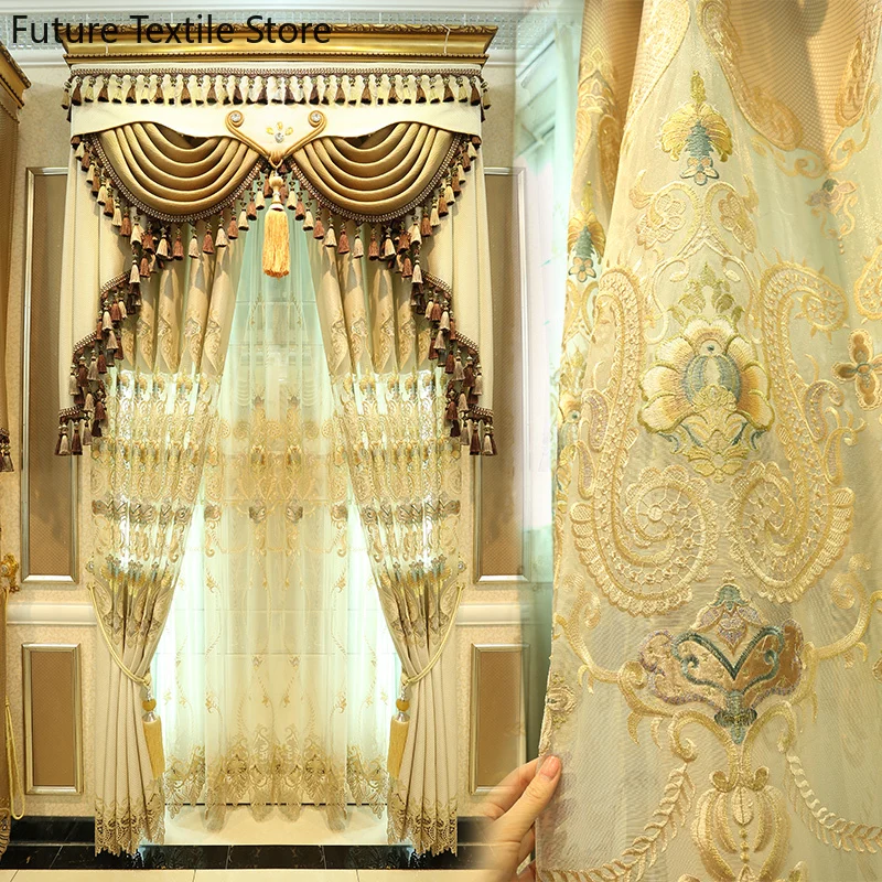 

European-style Luxury Palace Golden Hollow Embroidered Window Screen Curtains for Living Room Bedroom Villa Customization