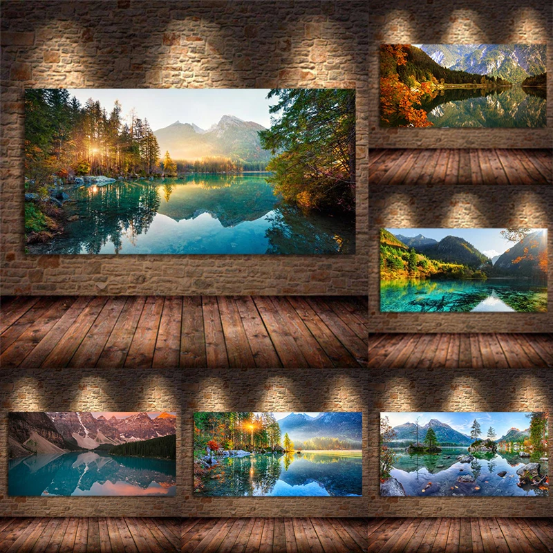 

Современный плакат, природный пейзаж, Альпы, холст, живопись, солнечный свет, лес, озеро, спальня, домашний декор, HD печать, эстетическое изоб...