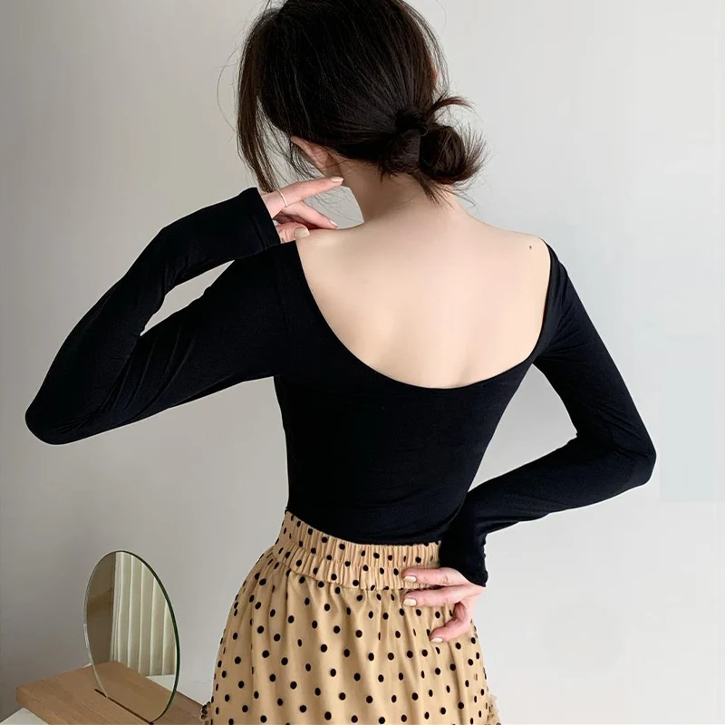 

Тонкая черная женская футболка с длинным рукавом и открытой спиной, 2022, модные облегающие топы с запахом, Женские Балетные футболки на весну...