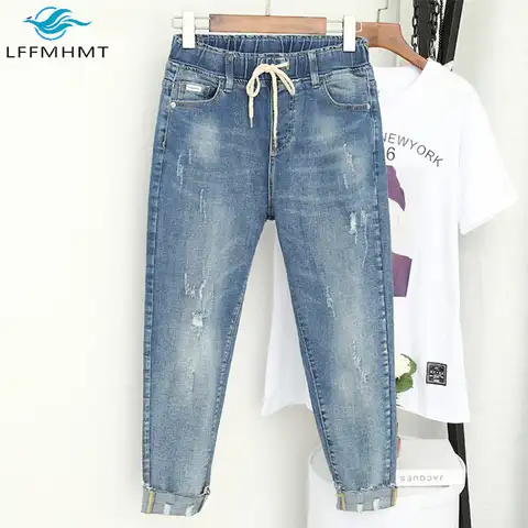Женские джинсы-багги с эластичным поясом, рваные брюки в Корейском стиле, свободные брюки-султанки до 100 кг, лето-осень