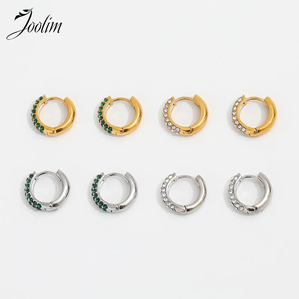 

JOOLIM Jewelry High End PVD Wholesale Tarnish Free Delicate Luxury Clear&Green Zirconia Huggie Stainless Steel Earring For Women