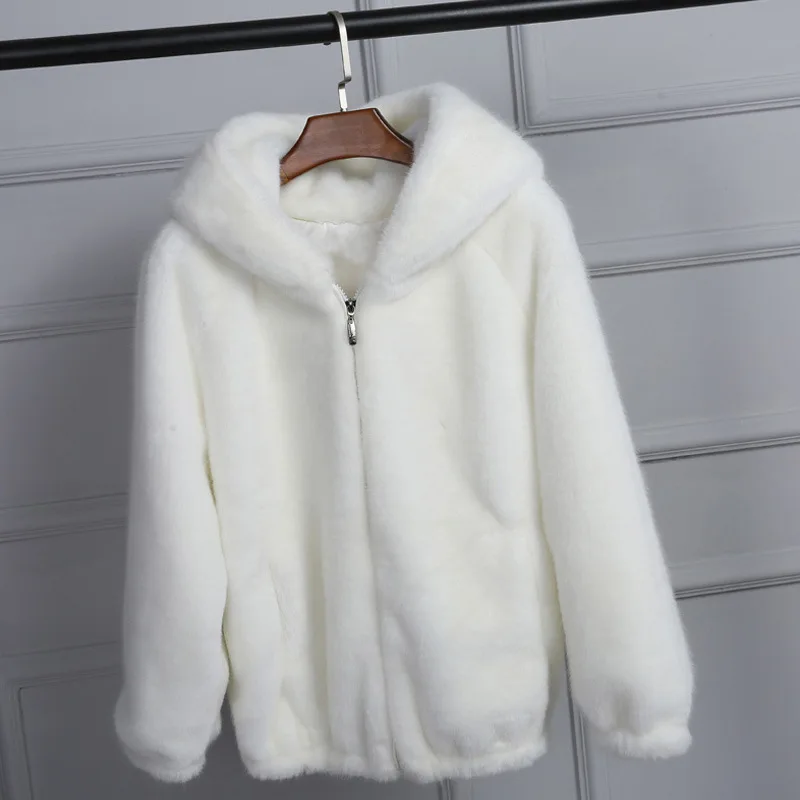 2022 Women's Jacket Lady Artificial Fur Hooded Soft White Grey Pink Rabbit Imitation Fur Outcoat Winter Grass Mink Faux Fur Coat