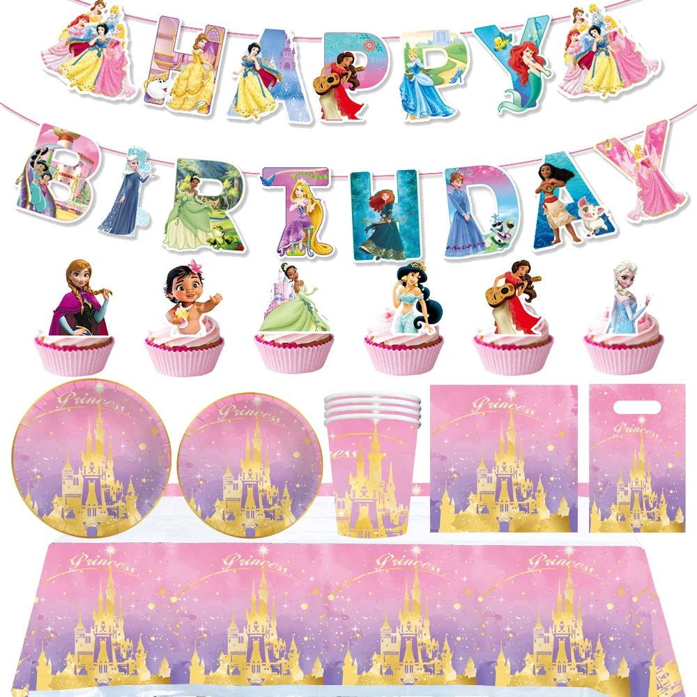 

Розовый Замок Disney, украшение для дня рождения принцессы, одноразовая посуда, поднос для чашек, бумажная вилка, шар для будущей мамы, подарок для девочек
