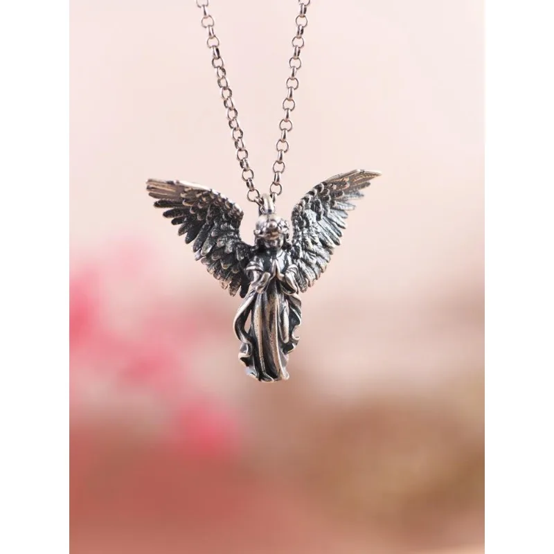 

Creative Guardian Angel Gothic S925 Ethnic Satan Hip-Hop Punk Retro Vintage Silvery Wings Wrayer Pendant Women Party Men Gift