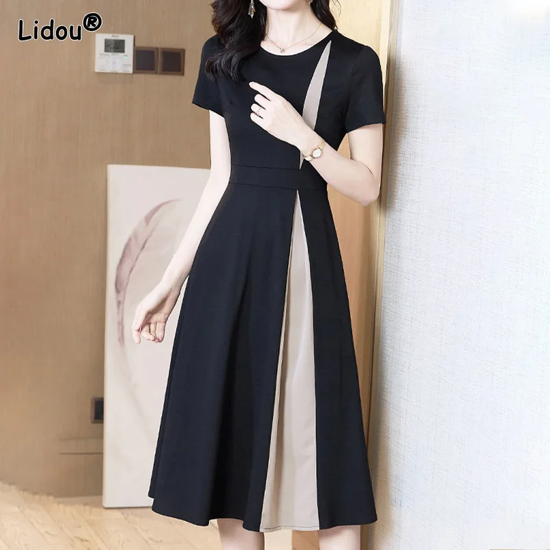 

Empire Patchwork Mid-Calf Pullover Women's Clothing O-Neck Office Lady Summer Dignified Dresses Woman 2022 New Korean Popularity