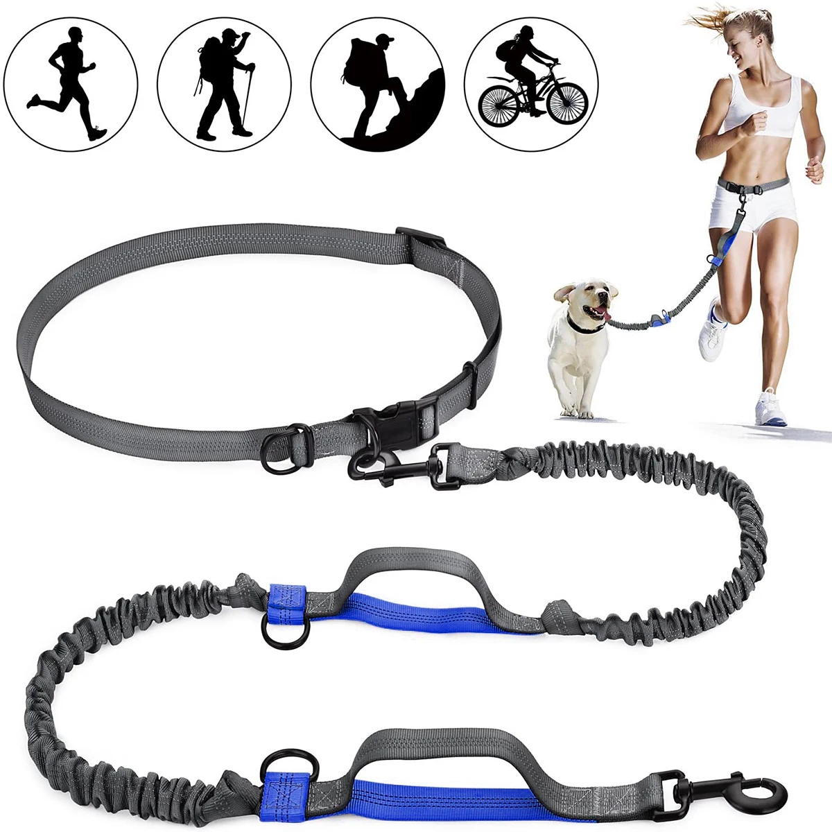 

2022 New Reflective Leash Traction Rope Pet Dog Running Belt Elastic Hands Freely Jogging Pull Dog Leash Metal D-ring Leashes