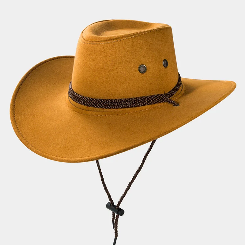 

Western Cowboy Hat Suede Outdoor Tourism Fishing Sun Cap Sunscreen With Wind Rope Hat Men And Women Horseback Riding Riding Cap