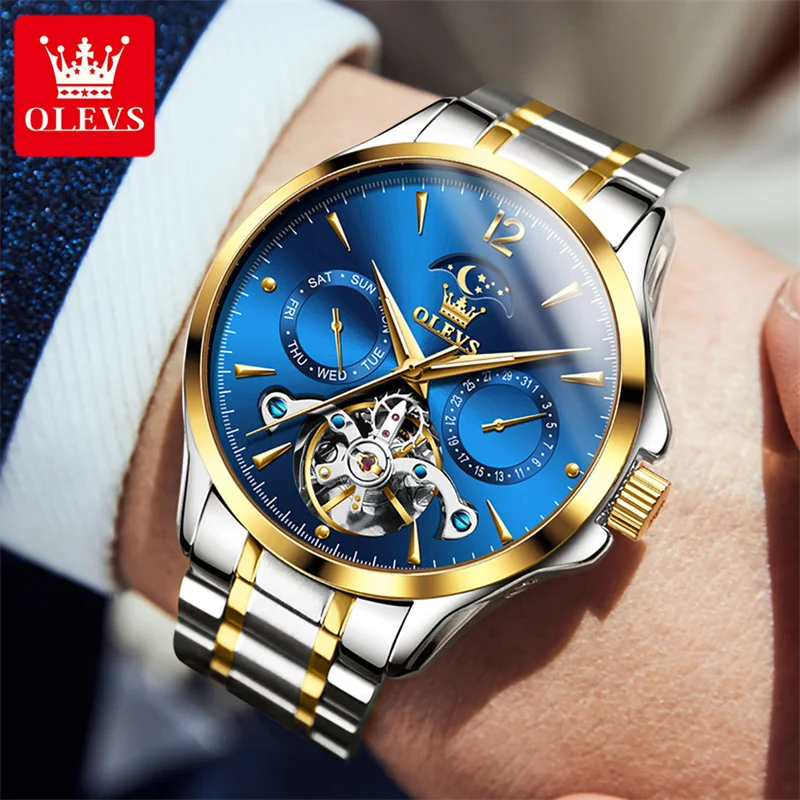 Enlarge OLEVS Fashion Brand Blue Tourbillon Watch Men Sports Business Waterproof Moon Phase Automatic Mechanical Watches Relogio