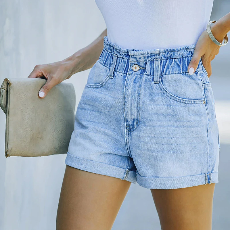 

2022 Summer Women's Denim Shorts Casual Fashion Vintage Streetwear Stretch Elastic Waist New Crimping Short Shorts