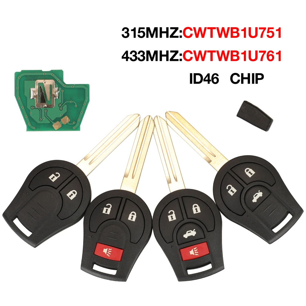 

jingyuqin 2/3/4 Button 315/434MHZ ID46 Chip Transmitter CWTWB1U751 CWTWB1U761 Smart Remote Car Key Fob For Nissan Keyless Entry